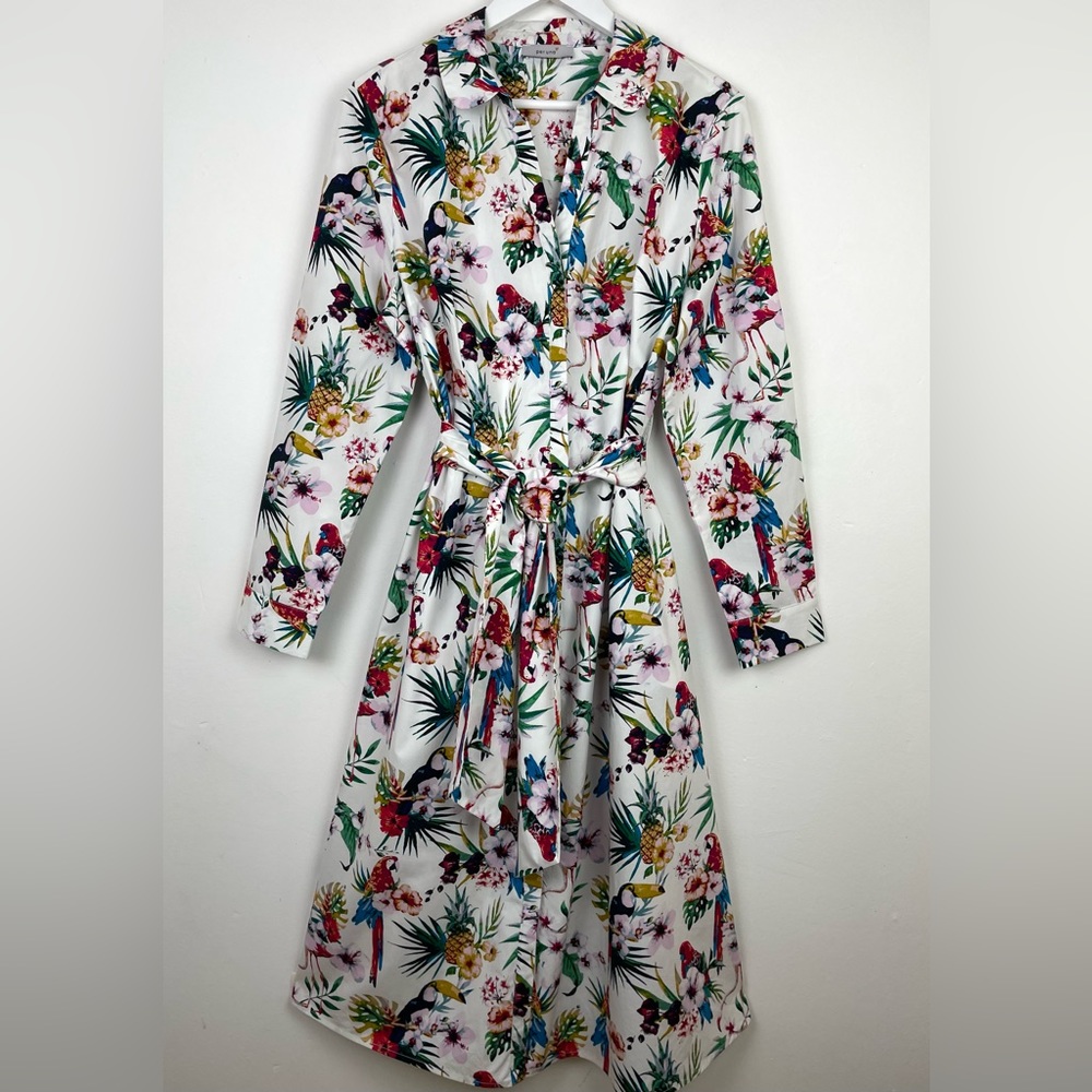 Per Una Parrot Print Belted Cotton Shirt Dress Long Midi UK 18 Roll Tab Sleeve - Picture 13 of 13